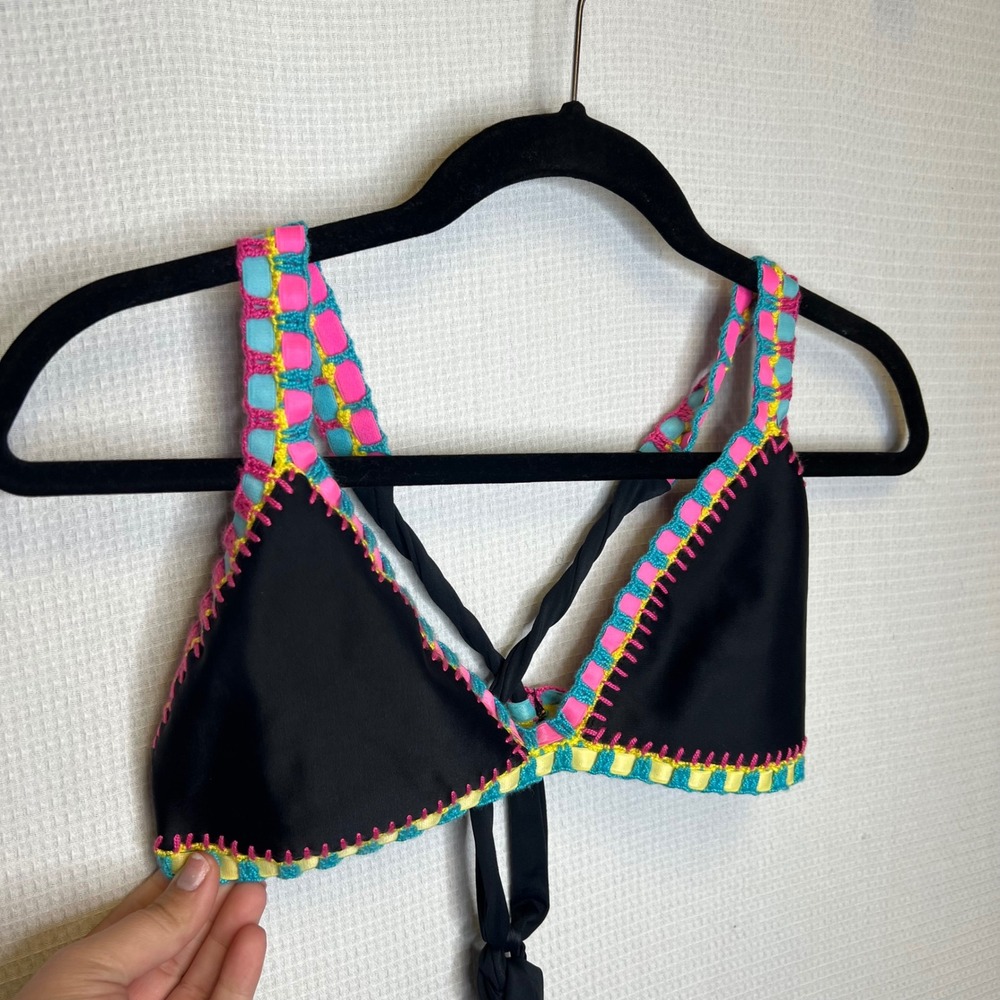 Platinum Swimwear Black Crochet Ribbon Trim Triangle Bikini Top Size D